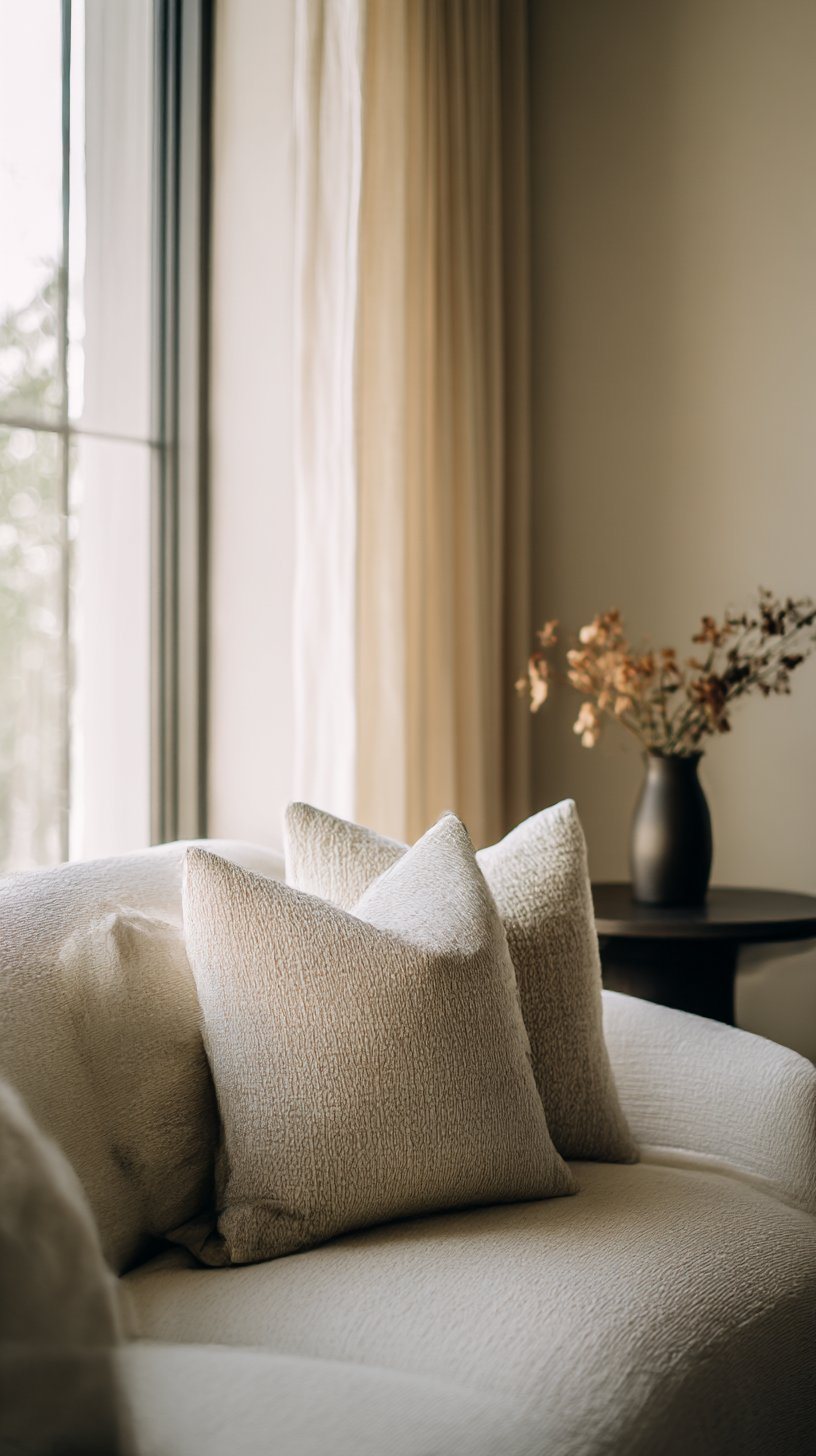 Editorial detail of warm cream interior cushions and dried flowers in golden afternoon light.