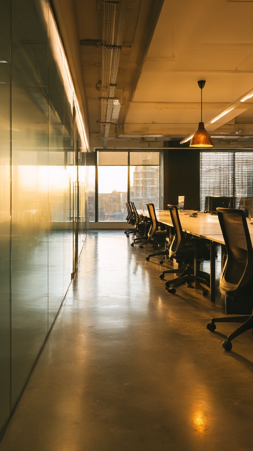Commercial cleaning in a modern London office at golden hour — polished surfaces, natural light.