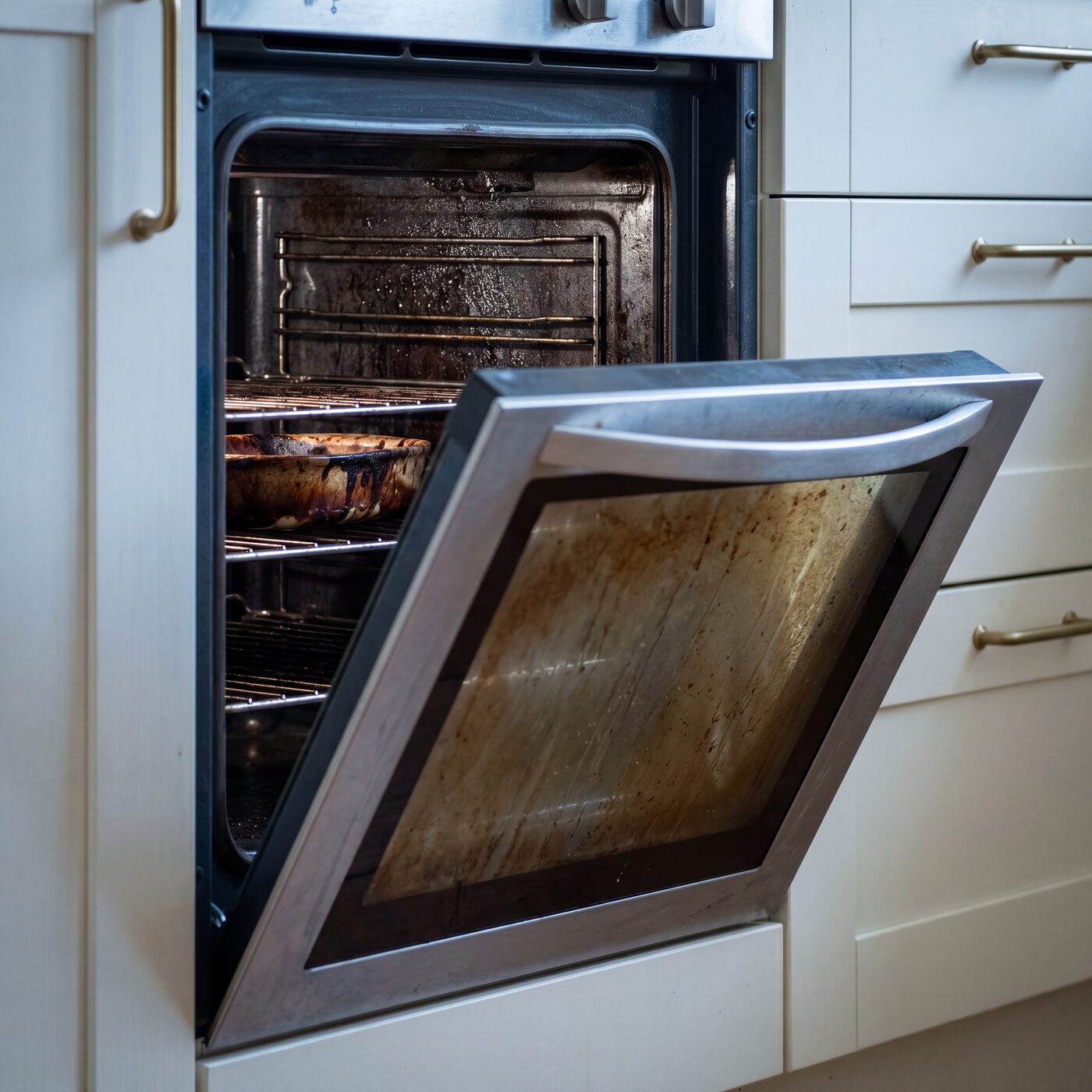 Oven cleaning before — neglected London kitchen oven with grease and burnt residue inside and on the door.