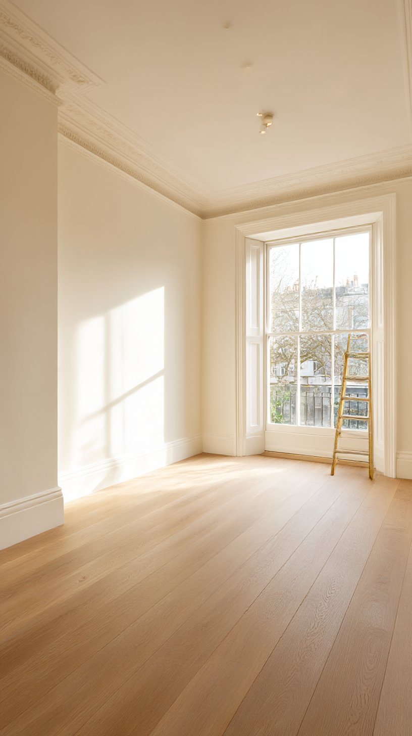 Post-construction cleaning in a newly renovated London room — dust, debris and paint splash removed.